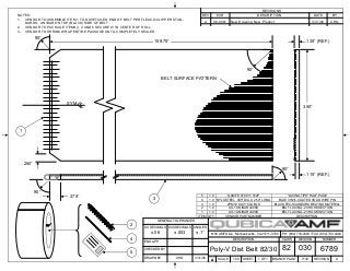 1
678903082Poly-V Dist Belt 82/30
DIVISION NUMBERCLASSDESCRIPTION
SCALE 1.00 SHEET 1 OF 1 BRANCH PLANT 7130 REVISION A
8100 AMF Drive, Mechanicsville, VA 23111-3700 PH: (804) 730-4000 / FAX: (804) 730-4464
DRAWN BY
CHECKED BY
ENG APP
CHQ 3/31/06
GENERAL TOLERANCES
ANGLES
±.1°
XXX DECIMALS
±.003
XX DECIMALS
±.06
DWG SIZE
A
3.50”
.135” (REF.)159.75”
REVISIONS
BYDATEDESCRIPTIONECRREV
A 06-0081 New Drawing, New Product 3/31/06 CHQ
90°
.250”
BELT SURFACE PATTERN
.115” (REF.)
90°
.375”
90°
3
90°
CL
SYM.
NOTES:
1. VENDOR TO ASSEMBLE ITEM 1 TO DOVETAILED END OF BELT PER FLEXCO-CLIPPER STAN-
DARDS. UNIBAR ON TOP (BLACK) SIDE OF BELT.
2. VENDOR TO PACKAGE ITEMS 2, 4 AND 5 SECURELY IN CENTER OF ROLL.
3. VENDOR TO SHRINK WRAP ENTIRE PACKAGE UNTIL COMPLETELY SEALED.
5 1.0 QAMF # 070 011 912P "LACING TIPS" HALF-PAGE
4 1.0 NYLOSTEEL .065" DIA. X 2.50" LONG BLUE VINYL-COATED SOLID WIRE PIN
3 1.0 2PM12 U0-V15 LG BLK BLACK PVC-SCANDURA BELTING MATERIAL
2 1.0 UX-1 UNIBAR 430SS BELT LACING - 24 HOOK SECTION
1 1.0 UX-1 UNIBAR 430SS BELT LACING - 23 HOOK SECTION
ITEM QTY. VENDOR PART NUMBER DESCRIPTION
4
2
5
 