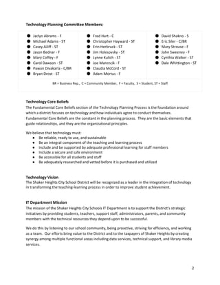Technology Planning Committee Members:
● Jaclyn Abrams - F
● Michael Adams - ST
● Casey Ailiff - ST
● Jason Bednar - F
● Mary Coffey - F
● Carol Dawson - ST
● Pawan Divakarla - C/BR
● Bryan Drost - ST
● Fred Hart - C
● Christopher Hayward - ST
● Erin Herbruck - ST
● Jim Holesovsky - ST
● Lynne Kulich - ST
● Joe Marencik - F
● Claudia McCord - ST
● Adam Mortus - F
● David Shakno - S
● Eric Siler - C/BR
● Mary Strouse - F
● John Sweeney - F
● Cynthia Walker - ST
● Dale Whittington - ST
BR = Business Rep., C = Community Member, F = Faculty, S = Student, ST = Staff
Technology Core Beliefs
The Fundamental Core Beliefs section of the Technology Planning Process is the foundation around
which a district focuses on technology and how individuals agree to conduct themselves.
Fundamental Core Beliefs are the constant in the planning process. They are the basic elements that
guide relationships, and they are the organizational principles.
We believe that technology must:
● Be reliable, ready to use, and sustainable
● Be an integral component of the teaching and learning process
● Include and be supported by adequate professional learning for staff members
● Include a secure and safe environment
● Be accessible for all students and staff
● Be adequately researched and vetted before it is purchased and utilized
Technology Vision
The Shaker Heights City School District will be recognized as a leader in the integration of technology
in transforming the teaching-learning process in order to improve student achievement.
IT Department Mission
The mission of the Shaker Heights City Schools IT Department is to support the District’s strategic
initiatives by providing students, teachers, support staff, administrators, parents, and community
members with the technical resources they depend upon to be successful.
We do this by listening to our school community, being proactive, striving for efficiency, and working
as a team. Our efforts bring value to the District and to the taxpayers of Shaker Heights by creating
synergy among multiple functional areas including data services, technical support, and library media
services.
2
 