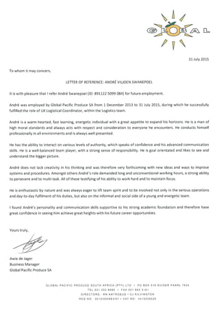 Reference letter - Andre Swanepoel