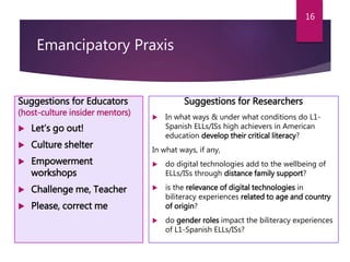 Emancipatory Praxis
Suggestions for Educators
(host-culture insider mentors)
? Lets go out!
? Culture shelter
? Empowerment
workshops
? Challenge me, Teacher
? Please, correct me
Suggestions for Researchers
? In what ways & under what conditions do L1-
Spanish ELLs/ISs high achievers in American
education develop their critical literacy?
In what ways, if any,
? do digital technologies add to the wellbeing of
ELLs/ISs through distance family support?
? is the relevance of digital technologies in
biliteracy experiences related to age and country
of origin?
? do gender roles impact the biliteracy experiences
of L1-Spanish ELLs/ISs?
16
 