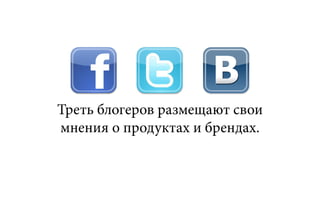 Треть блогеров размещают свои
мнения о продуктах и брендах.
 