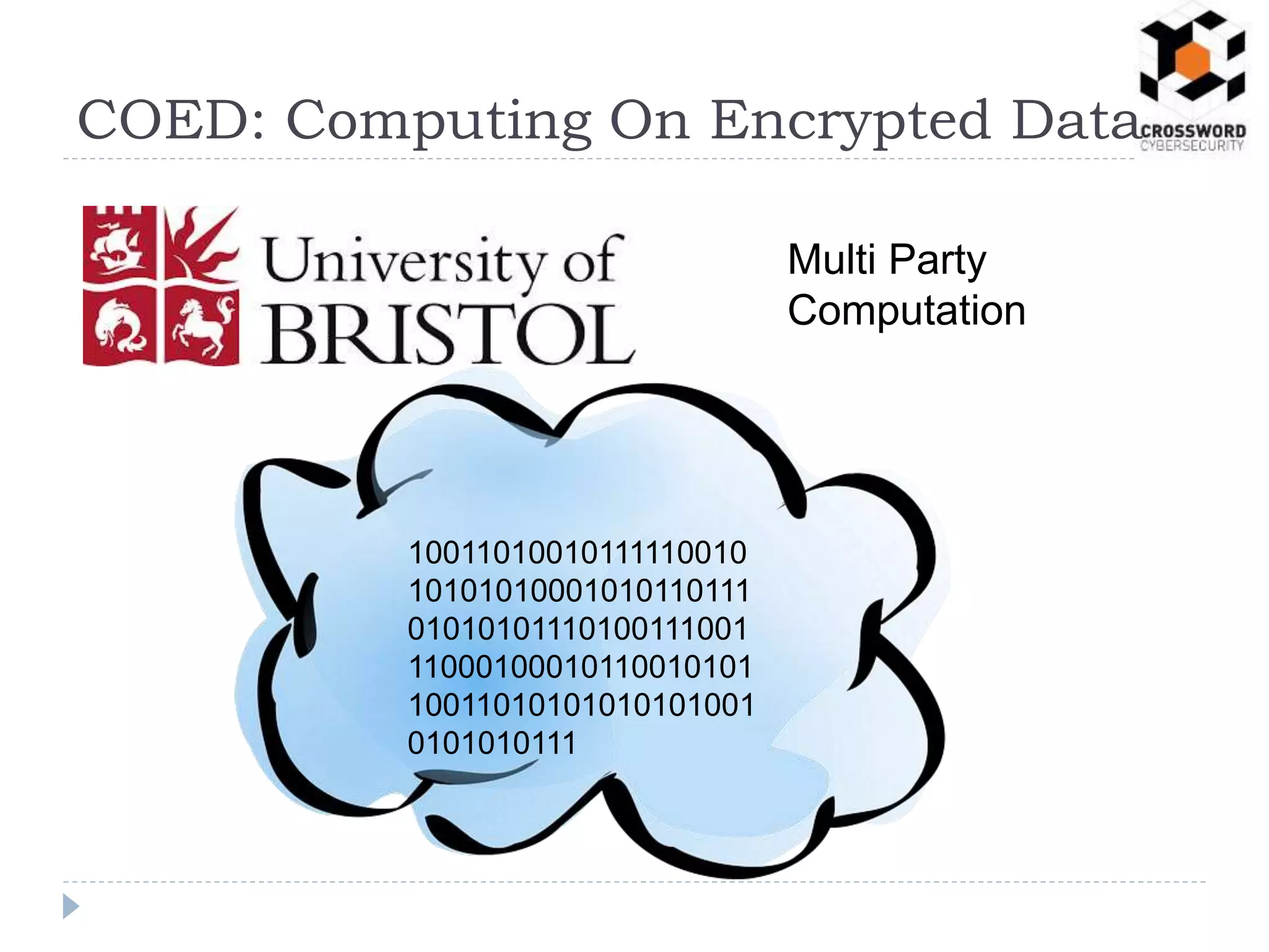 COED: Computing On Encrypted Data
10011010010111110010
10101010001010110111
01010101110100111001
11000100010110010101
10011010101010101001
0101010111
Multi Party
Computation
 