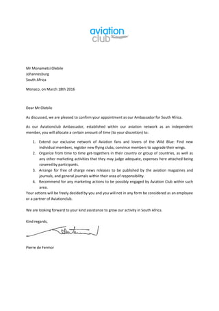 Letter of appointment ambassador South Africa