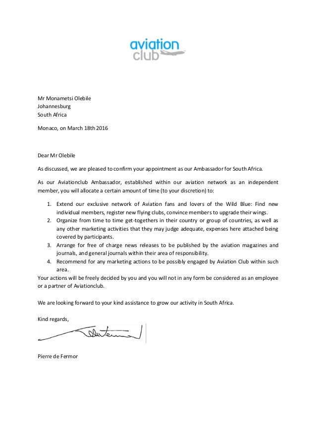 appointment letter south africa