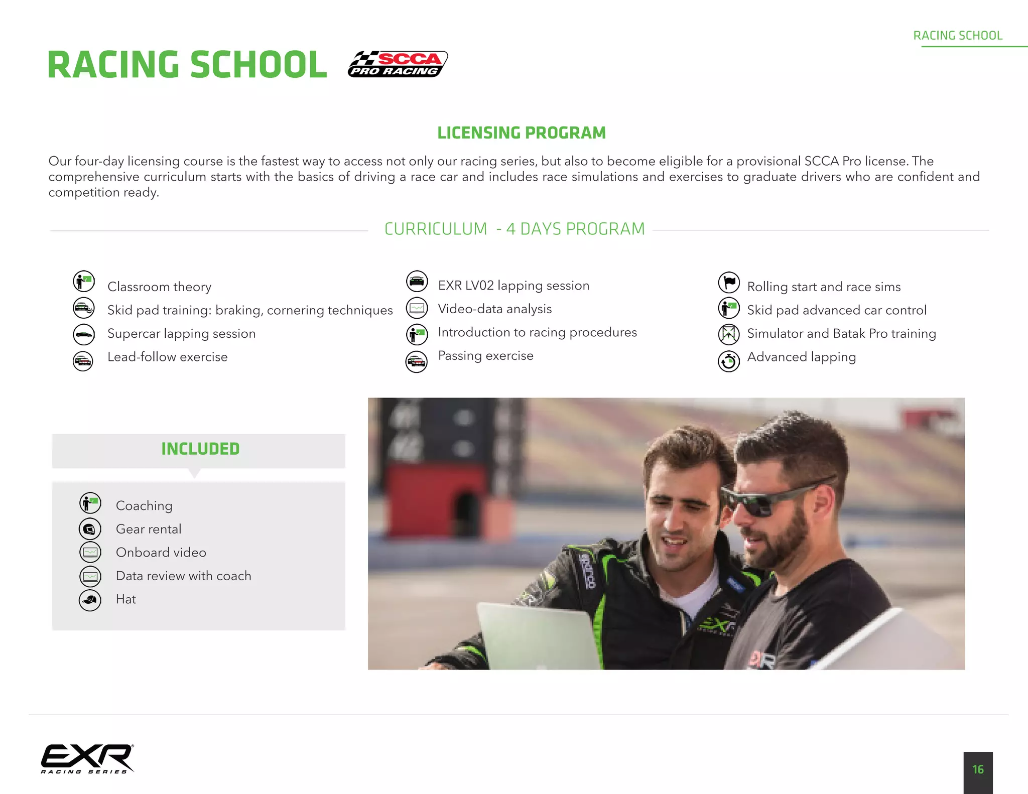 CURRICULUM - 4 DAYS PROGRAM
RACING SCHOOL
16
RACING SCHOOL
LICENSING PROGRAM
Our four-day licensing course is the fastest way to access not only our racing series, but also to become eligible for a provisional SCCA Pro license. The
comprehensive curriculum starts with the basics of driving a race car and includes race simulations and exercises to graduate drivers who are confident and
competition ready.
Coaching
Gear rental
Onboard video
Data review with coach
Hat
INCLUDED
Classroom theory
Skid pad training: braking, cornering techniques
Supercar lapping session
Lead-follow exercise
EXR LV02 lapping session
Video-data analysis
Introduction to racing procedures
Passing exercise
Rolling start and race sims
Skid pad advanced car control
Simulator and Batak Pro training
Advanced lapping
 