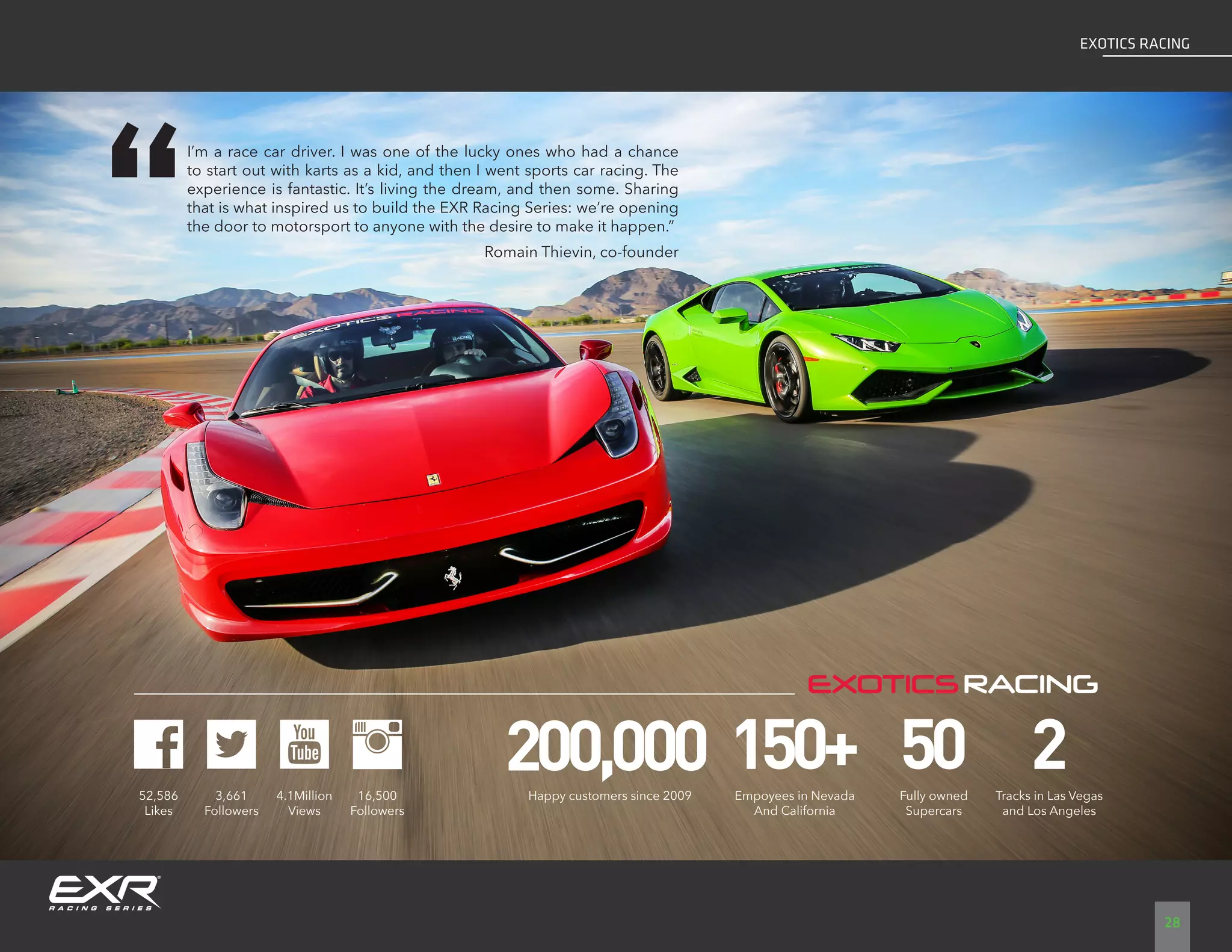 I’m a race car driver. I was one of the lucky ones who had a chance
to start out with karts as a kid, and then I went sports car racing. The
experience is fantastic. It’s living the dream, and then some. Sharing
that is what inspired us to build the EXR Racing Series: we’re opening
the door to motorsport to anyone with the desire to make it happen.”
Romain Thievin, co-founder
200,000 150+ 50 2Happy customers since 2009 Empoyees in Nevada
And California
Fully owned
Supercars
Tracks in Las Vegas
and Los Angeles
52,586
Likes
3,661
Followers
4.1Million
Views
16,500
Followers
EXOTICS RACING
28
 