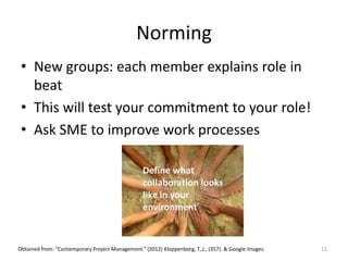 Norming
• New groups: each member explains role in
beat
• This will test your commitment to your role!
• Ask SME to improve work processes
11Obtained from: “Contemporary Project Management.” (2012) Kloppenborg, T.,J., (357). & Google Images.
 