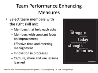 Team Performance Enhancing
Measures
• Select team members with
the right skill mix
– Members that help each other
– Members with constant focus
on improvement
– Effective time and meeting
management
– Innovation in processes
– Capture, share and use lessons
learned
15Obtained from: “Contemporary Project Management.” (2012) Kloppenborg, T.,J., (358) & Google Images.
 