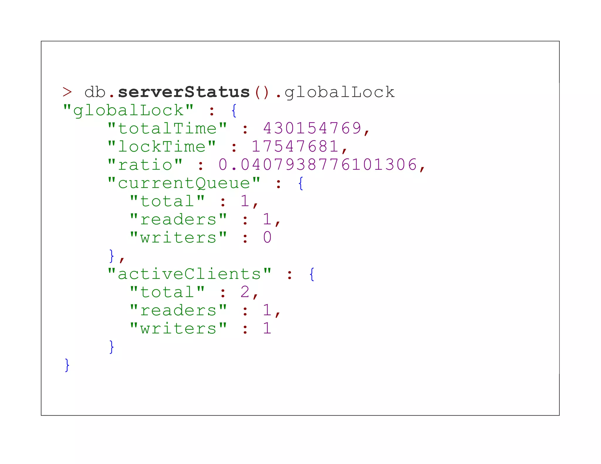 > db.serverStatus().globalLock "globalLock" : { "totalTime" : 430154769, "lockTime" : 17547681, "ratio" : 0.0407938776101306, "currentQueue" : { "total" : 1, "readers" : 1, "writers" : 0 }, "activeClients" : { "total" : 2, "readers" : 1, "writers" : 1 } } 