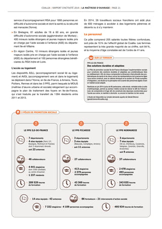 service d’accompagnement RSA pour 1895 personnes en
difficulté d’autonomie sociale et dont la santé ou la sécurité
est menacée (Yonne).
	En Bretagne, 81 adultes de 18 à 60 ans, en grande
difficulté d’autonomie sociale (agglomération de Morlaix) ;
400 mineurs isolés étrangers et jeunes majeurs isolés pris
en charge par l’aide sociale à l’enfance (ASE) du départe-
ment Ile-et-Villaine.
	En région Centre, 10 mineurs étrangers isolés et jeunes
majeurs isolés pris en charge par l’aide sociale à l’enfance
(ASE) du département et 100 personnes étrangères bénéfi-
ciaires du RSA Indre-et-Loire.
L’accès au logement
Les dispositifs ASLL (accompagnement social lié au loge-
ment) et AVDL (accompagnement vers et dans le logement)
se déploient dans l’Yonne, en Ile-de-France, à Amiens, Tours,
Poitiers, Rennes et dans les 3 PPS, parmi lesquels la MOUS
(maîtrise d’œuvre urbaine et sociale) relogement qui accom-
pagne le plan de traitement des foyers en Ile-de-France,
qui s’est traduite par le transfert de 1 094 résidents entre
2011 et 2013.
En 2014, 26 travailleurs sociaux franciliens ont aidé plus
de 600 ménages à accéder à des logements pérennes et
décents ou à s’y maintenir.
Le personnel
Ce pôle comprend 205 salariés toutes filières confondues,
soit près de 10 % de l’effectif global de Coallia. Les femmes
représentent la très grande majorité de ce chiffre, soit 84 %,
et la moyenne d’âge constatée est de l’ordre de 41 ans.
PPS ILE-DE-FRANCE
Des solutions durables et adaptées
Le Pôle de promotion sociale Ile-de-France développe l’expérimentation sociale
pour construire des solutions durables et adaptées aux problématiques liées
au vieillissement. Afin de mieux comprendre la dimension interculturelle des pro-
blématiques de santé et de mieux cerner les représentations de la personne âgée
nous avons construit, avec le cabinet Antropos et le soutien du Fonds européen
d’intégration, une étude sur la perception de la santé des personnes âgées vivant
en habitat social adapté.
Restituée en juin 2014 à plus de 90 partenaires, cette étude, véritable boîte à outils
d’anthropologie, permet au secteur médico-social de relever le défi de l’intercul-
turel, de comprendre et d’agir afin de construire des réponses coordonnées pour
l’accès aux soins, le maintien à domicile ou encore le maintien du lien social.
L’étude est disponible sur simple demande auprès de Gérald Brenon
(gerald.brenon@coallia.org).
SUR LE TERRAIN
3 PÔLES DE PROMOTION SOCIALE
COALLIA | RAPPORT D’ACTIVITÉ 2014 | LA MAÎTRISE D’OUVRAGE | PAGE 21
 