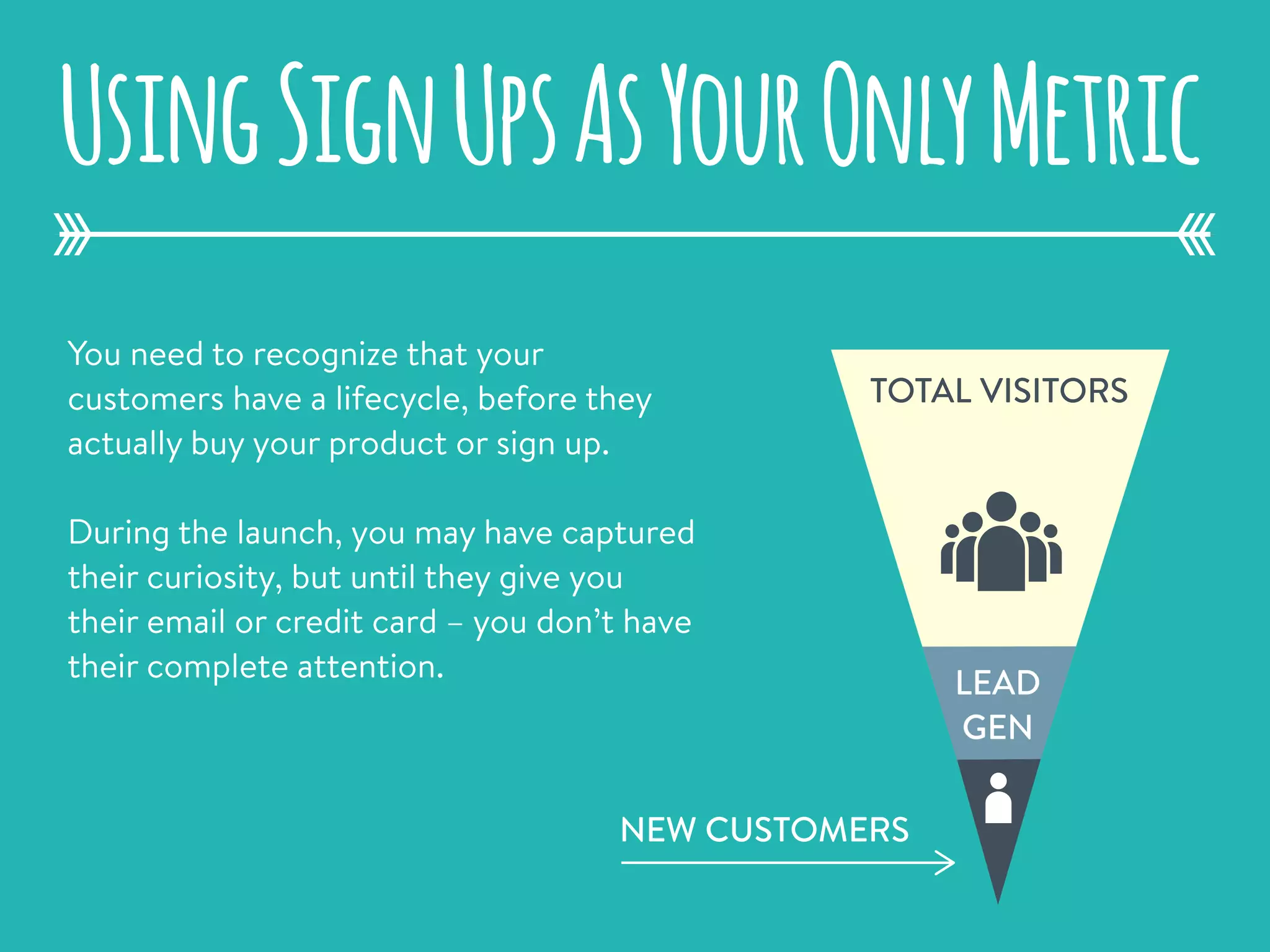 You need to recognize that your
customers have a lifecycle, before they
actually buy your product or sign up.
During the launch, you may have captured
their curiosity, but until they give you
their email or credit card – you don’t have
their complete attention.
UsingSignUpsAsYourOnlyMetric
TOTAL VISITORS
NEW CUSTOMERS
LEAD
GEN
 