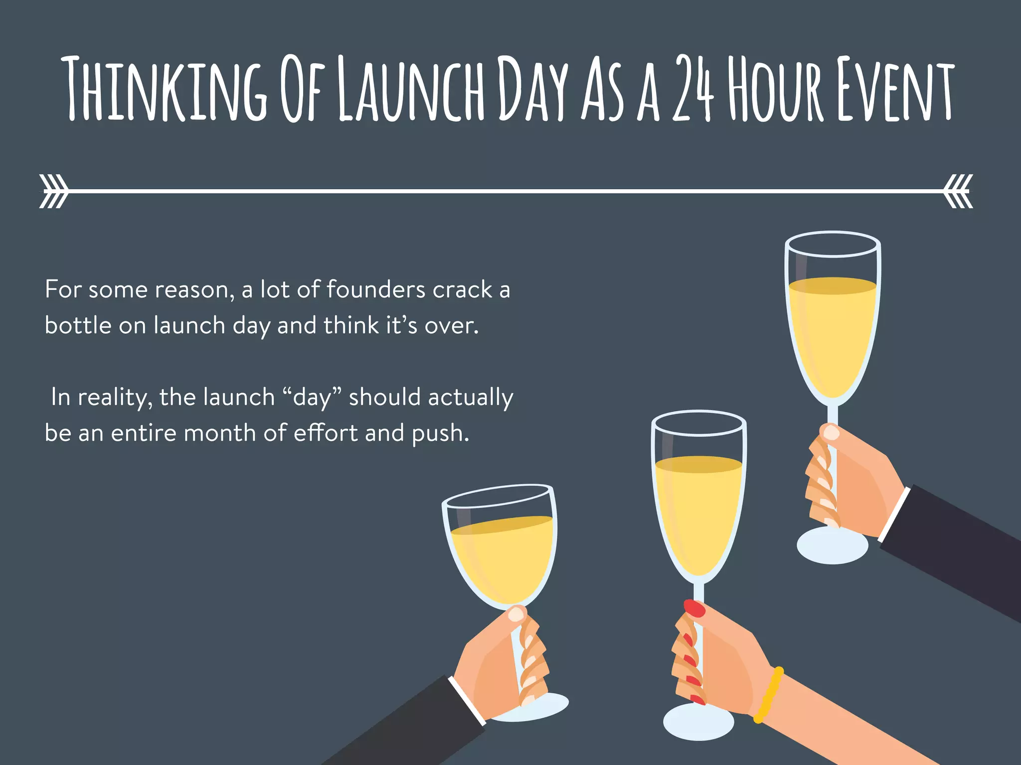 ThinkingOfLaunchDayAsa24HourEvent
For some reason, a lot of founders crack a
bottle on launch day and think it’s over.
In reality, the launch “day” should actually
be an entire month of effort and push.
 