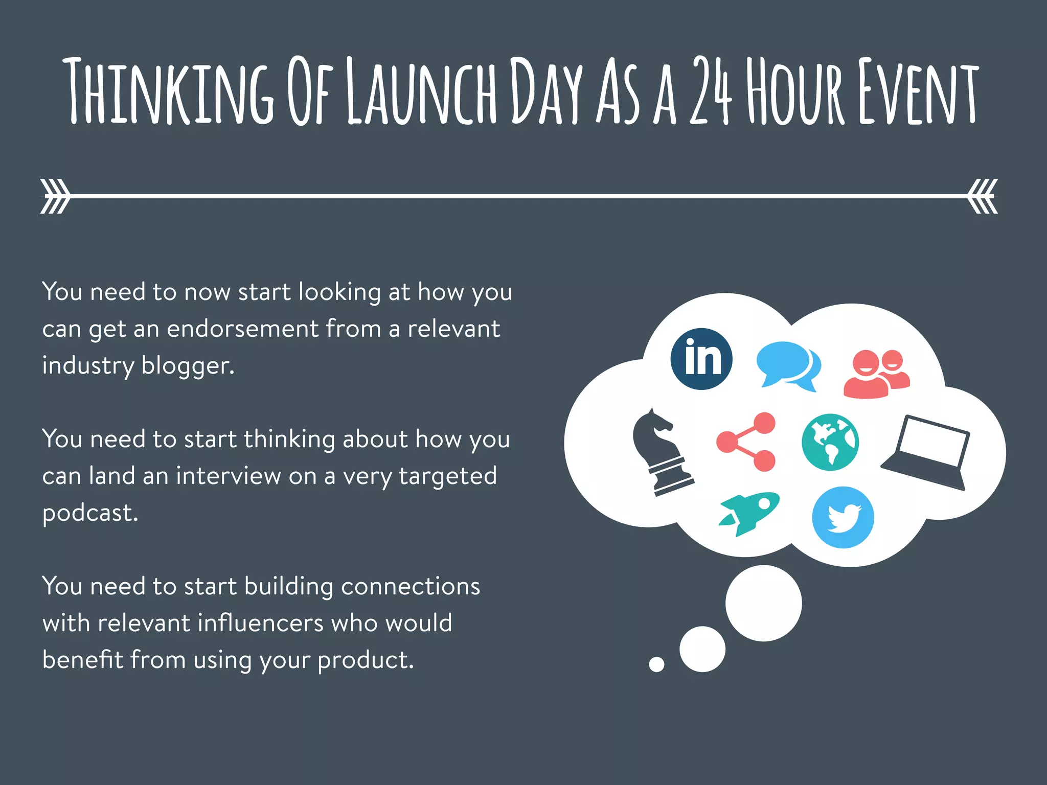 ThinkingOfLaunchDayAsa24HourEvent
You need to now start looking at how you
can get an endorsement from a relevant
industry blogger.
You need to start thinking about how you
can land an interview on a very targeted
podcast.
You need to start building connections
with relevant inﬂuencers who would
beneﬁt from using your product.
 