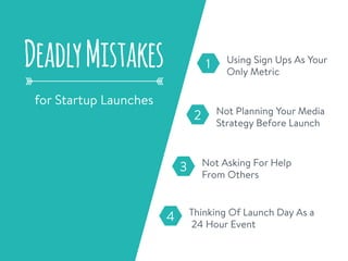 DeadlyMistakes
for Startup Launches
1 Using Sign Ups As Your
Only Metric
2 Not Planning Your Media
Strategy Before Launch
3 Not Asking For Help
From Others
4 Thinking Of Launch Day As a
24 Hour Event
 