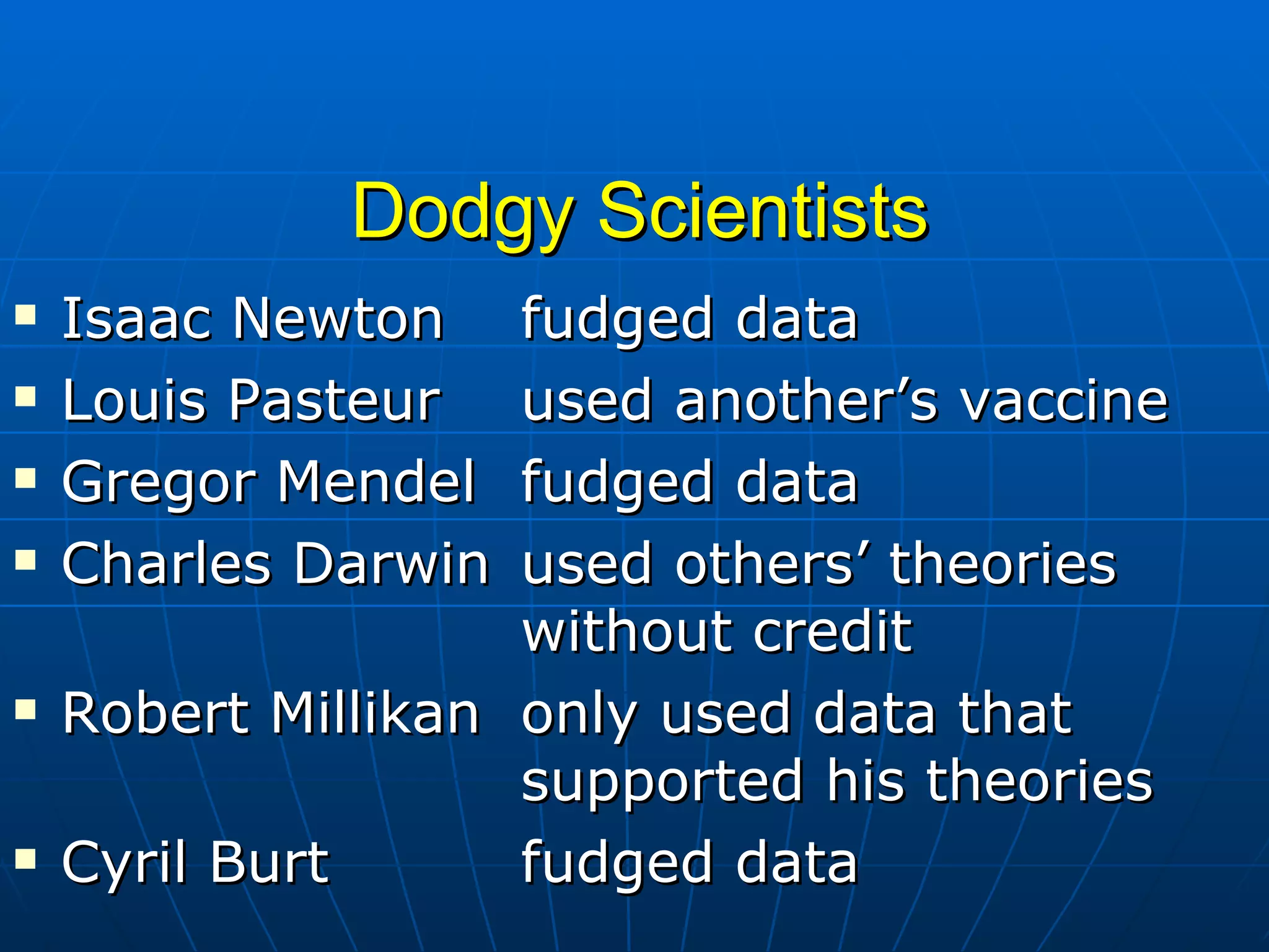 Dodgy Scientists Isaac Newton  fudged data Louis Pasteur  used another’s vaccine Gregor Mendel  fudged data Charles Darwin  used others’ theories  without credit  Robert Millikan only used data that  supported his theories Cyril Burt fudged data 