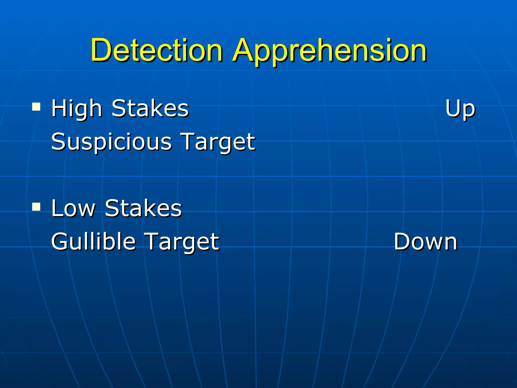 Detection Apprehension High Stakes Up Suspicious Target Low Stakes Gullible Target Down 