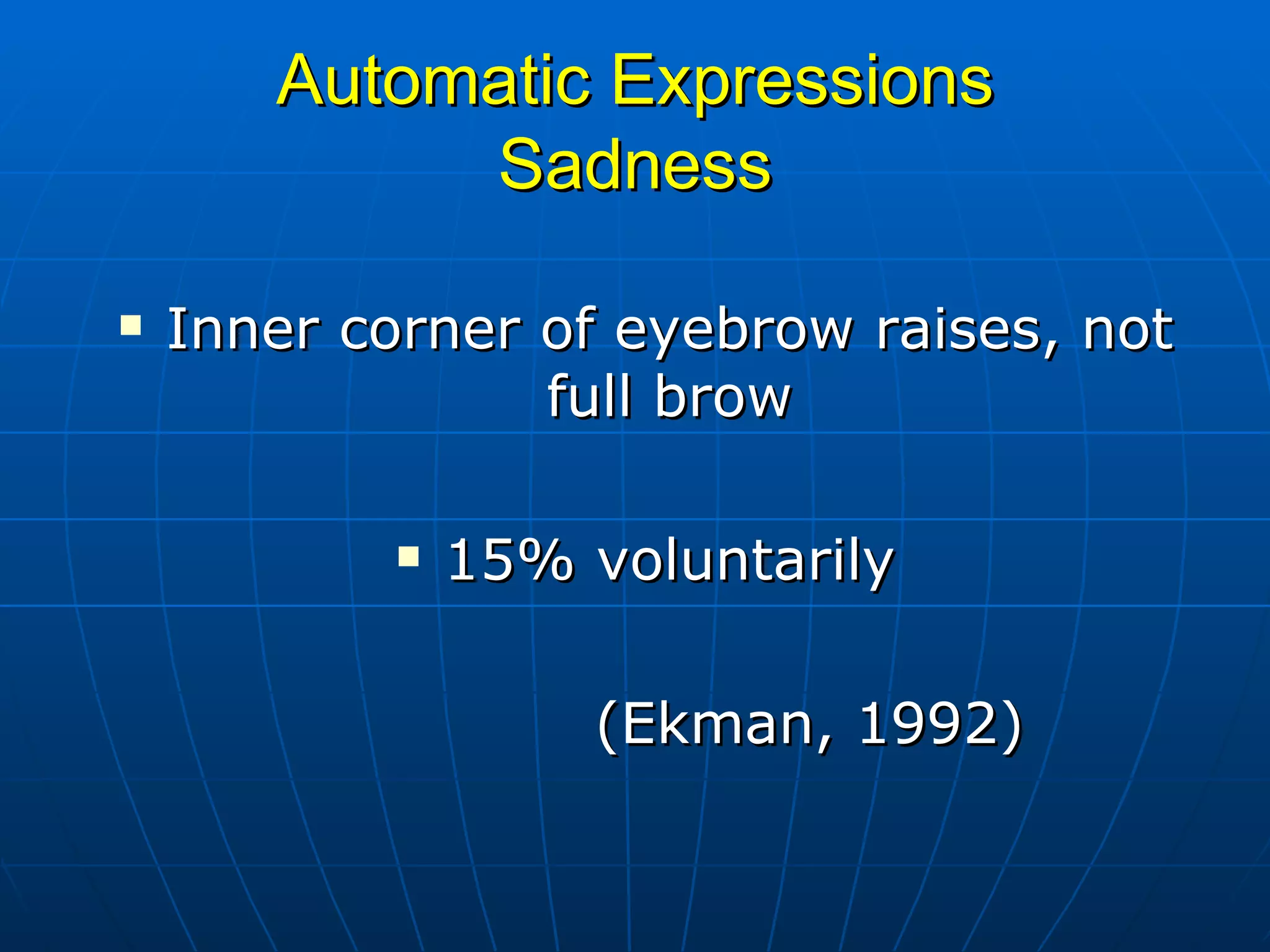 Automatic Expressions Sadness Inner corner of eyebrow raises, not full brow 15% voluntarily (Ekman, 1992) 