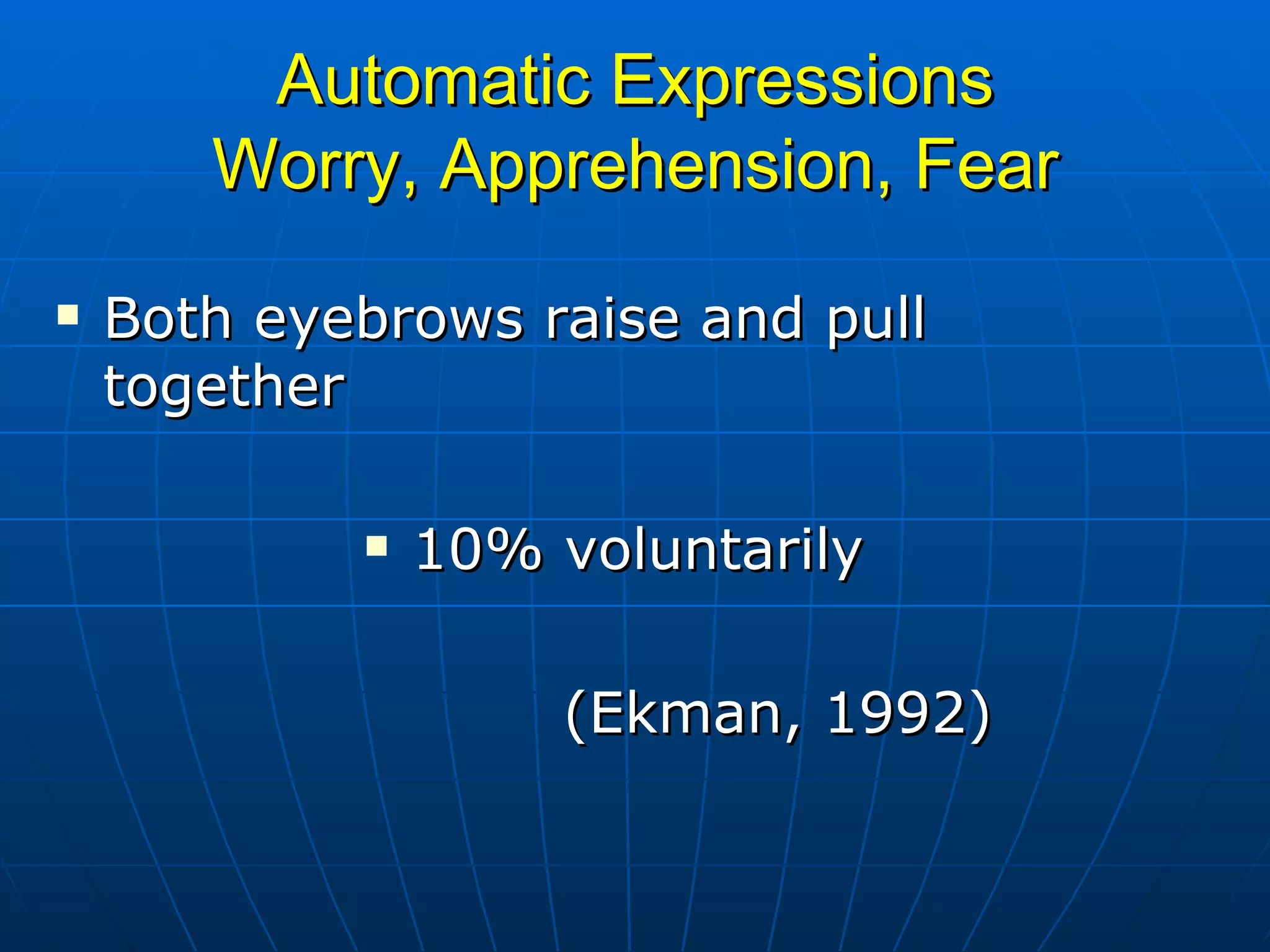 Automatic Expressions Worry, Apprehension, Fear Both eyebrows raise and pull together 10% voluntarily (Ekman, 1992) 