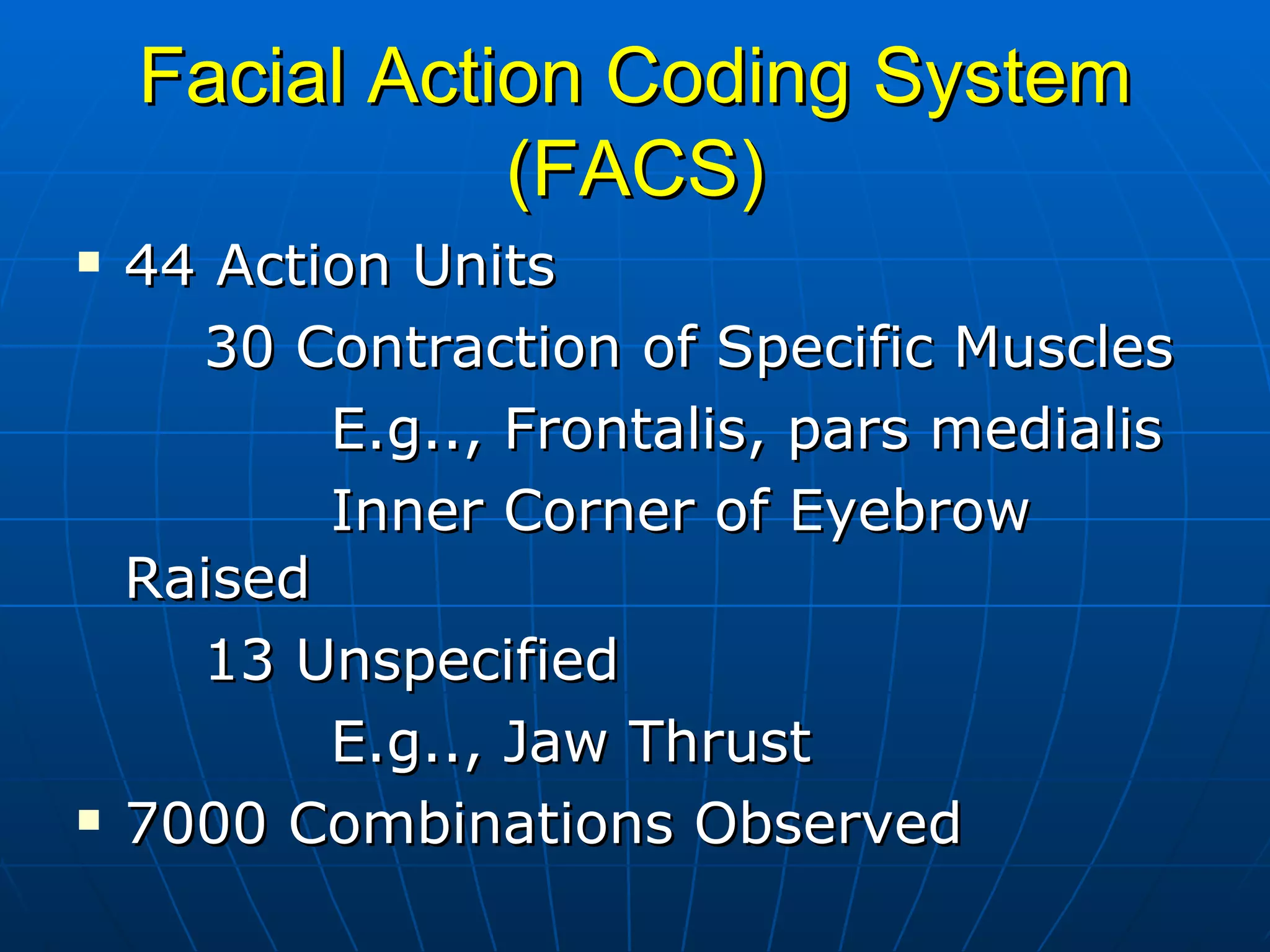 Facial Action Coding System (FACS) 44 Action Units 30 Contraction of Specific Muscles E.g.., Frontalis, pars medialis Inner Corner of Eyebrow Raised 13 Unspecified E.g.., Jaw Thrust 7000 Combinations Observed 