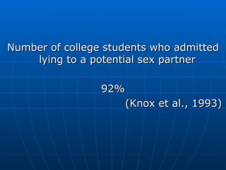 Number of college students who admitted lying to a potential sex partner 92% (Knox et al., 1993) 