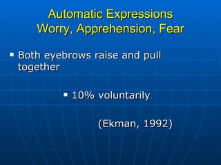 Automatic Expressions Worry, Apprehension, Fear Both eyebrows raise and pull together 10% voluntarily (Ekman, 1992) 