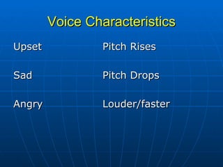 Voice Characteristics Upset Pitch Rises Sad Pitch Drops Angry Louder/faster 