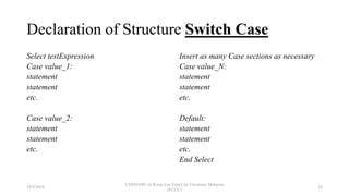 Declaration of Structure Switch Case
Select testExpression
Case value_1:
statement
statement
etc.
Case value_2:
statement
statement
etc.
Insert as many Case sections as necessary
Case value_N:
statement
statement
etc.
Default:
statement
statement
etc.
End Select
18/9/2018
CSWD1001 @ Kwan Lee First City Unversity Malaysia
(FCUC)
34
 