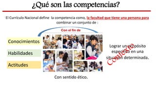 El Currículo Nacional define la competencia como, la facultad que tiene una persona para
combinar un conjunto de :
¿Qué son las competencias?
Conocimientos
Habilidades
Actitudes
Lograr un propósito
específico en una
situación determinada.
Con sentido ético.
Con el fin de
 