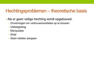 Hechtingsproblemen – theoretische basis
• Als er geen veilige hechting wordt opgebouwd:
• Onvermogen om vertrouwensrelaties op te bouwen
• Uittestgedrag
• Manipulatie
• Strijd
• Geen relaties aangaan

 