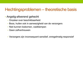 Hechtingsproblemen – theoretische basis
• Angstig-afwerend gehecht
• Onzeker over beschikbaarheid
• Boos, huilen ook in aanwezigheid van de verzorgers
• Niet kunnen loskomen, vastklampen
• Geen zelfvertrouwen
• Verzorgers zijn inconsequent sensitief, onregelmatig responsief

 