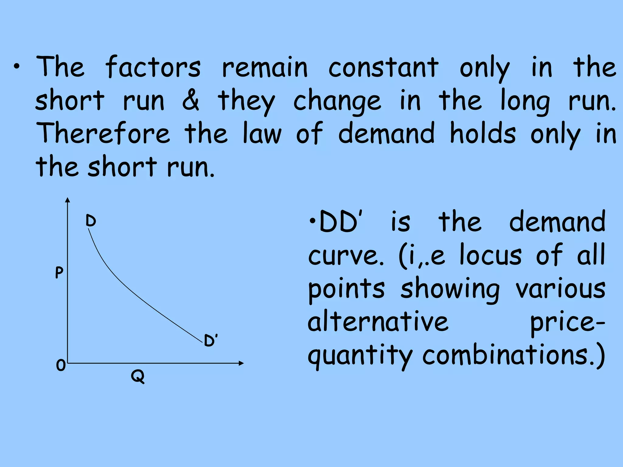 • The factors remain constant only in the
short run & they change in the long run.
Therefore the law of demand holds only in
the short run.
P
0
Q
D
D’
•DD’ is the demand
curve. (i,.e locus of all
points showing various
alternative price-
quantity combinations.)
 