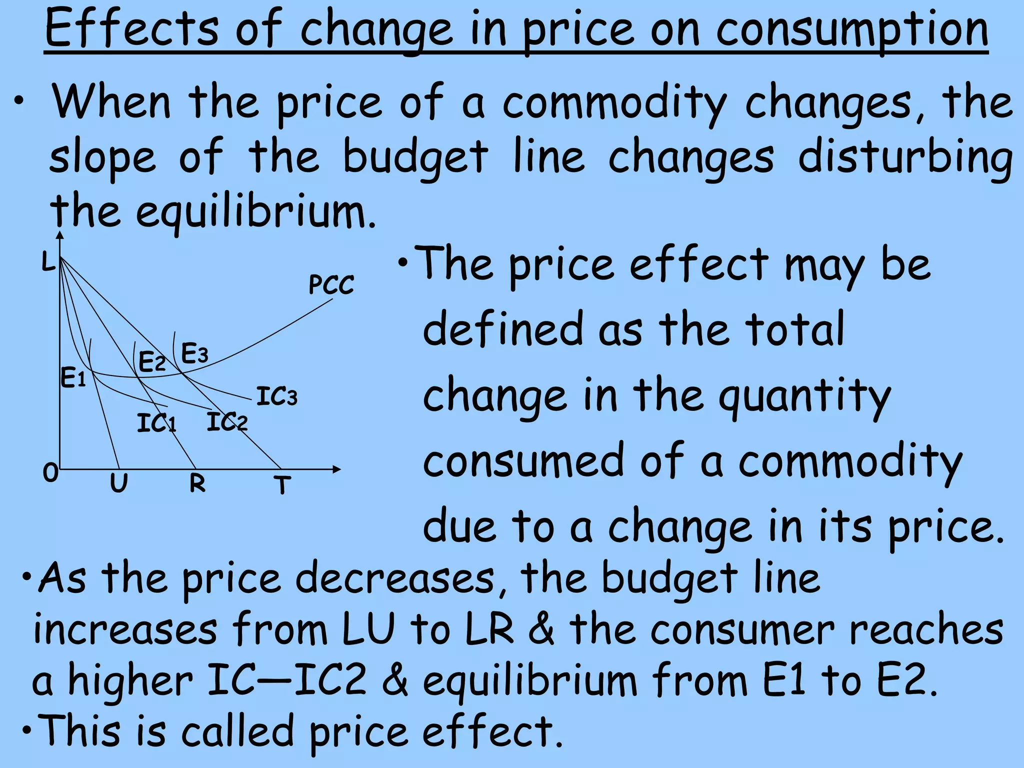 Effects of change in price on consumption
• When the price of a commodity changes, the
slope of the budget line changes disturbing
the equilibrium.
•The price effect may be
defined as the total
change in the quantity
consumed of a commodity
due to a change in its price.
•As the price decreases, the budget line
increases from LU to LR & the consumer reaches
a higher IC—IC2 & equilibrium from E1 to E2.
•This is called price effect.
L
U R T
E1
E2 E3
PCC
IC1 IC2
IC3
0
 