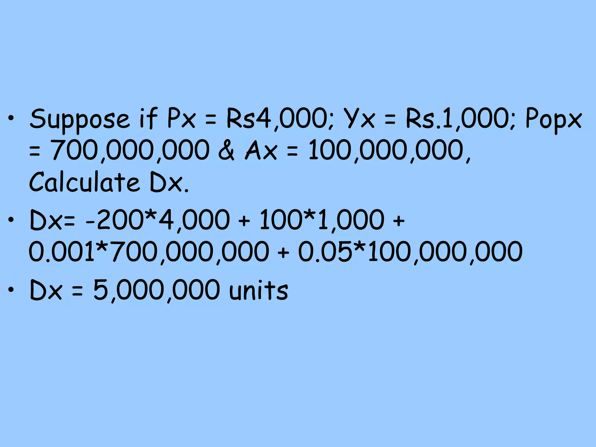 • Suppose if Px = Rs4,000; Yx = Rs.1,000; Popx
= 700,000,000 & Ax = 100,000,000,
Calculate Dx.
• Dx= -200*4,000 + 100*1,000 +
0.001*700,000,000 + 0.05*100,000,000
• Dx = 5,000,000 units
 