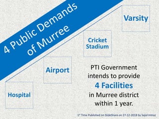 Airport
Cricket
Stadium
Varsity
Hospital
PTI Government
intends to provide
4 Facilities
in Murree district
within 1 year.
1st Time Published on SlideShare on 27-12-2018 by Sajid Imtiaz
 