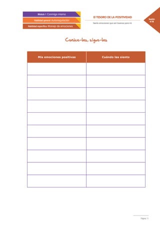 El TESORO DE LA POSITIVIDAD
Sesión
4/18
Módulo 1 Conmigo mismo
Habilidad general Autorregulación
Habilidad específica Manejo de emociones
Siento emociones que son buenas para mí.
Página 11
Conóce-las, sígue-las
Mis emociones positivas Cuándo las siento
 