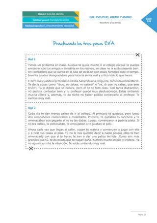 EVA: ESCUCHO, VALIDO Y ANIMO Sesión
9/18
Módulo 2 Con los demás
Habilidad general Conciencia social
Habilidad específica Comportamiento prosocial
Reconforto a los demás.
Página 23
Practicando los tres pasos EVA
Rol 1
Tienes un problema en clase. Aunque te gusta mucho ir al colegio porque te puedes
encontrar con tus amigos y divertirte en los recreos, en clase no la estás pasando bien.
Un compañero que se sienta en la silla de atrás te dice cosas horribles todo el tiempo.
Inventa apodos desagradables para hacerte sentir mal y critica todo lo que haces.
El otro día, cuando el profesor te estaba haciendo una pregunta, comenzó a molestarte.
Te decía cosas como “¡buu, no sabes, no sabes!” o “ya, di que no sabes, que eres
bruto”. Tú le dijiste que se callara, pero él no te hizo caso. Con tanta distracción,
no pudiste contestar bien y tu profesor quedó muy desilusionado. Estás sintiendo
mucha cólera y, además, te da roche no haber podido contestarle al profesor. Te
sientes muy mal.
Rol 2
Cada día te dan menos ganas de ir al colegio. Al principio te gustaba, pero luego
dos compañeros comenzaron a molestarte. Primero, te quitaban tu lonchera y te
amenazaban con pegarte si no se las dabas. Luego, comenzaron a pedirte plata. Si
no les dabas, te pellizcaban, te empujaban o te jalaban el pelo.
Ahora cada vez que llegas al salón, cogen tu maleta y comienzan a jugar con ella
y a tirar tus cosas al piso. Tú no le has querido decir a nadie porque ellos te han
amenazado con que si lo haces te van a dar una paliza terrible. Como son más
grandes que tú, te da miedo que te hagan daño. Sientes mucho miedo y tristeza. Ya
no aguantas más la situación. Te estás sintiendo muy mal.
 