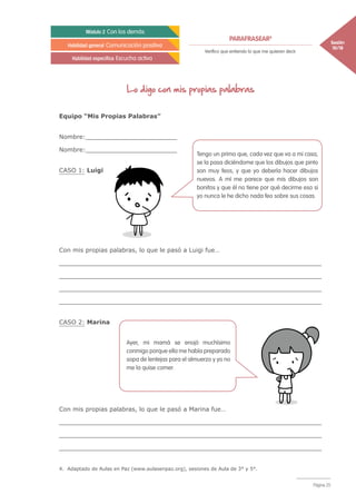 PARAFRASEAR3
Sesión
10/18
Módulo 2 Con los demás
Habilidad general Comunicación positiva
Habilidad específica Escucha activa
Verifico que entiendo lo que me quieren decir.
Página 25
Lo digo con mis propias palabras
Equipo “Mis Propias Palabras”
Nombre:________________________
Nombre:________________________
CASO 1: Luigi
Con mis propias palabras, lo que le pasó a Luigi fue…
_____________________________________________________________________
_____________________________________________________________________
_____________________________________________________________________
_____________________________________________________________________
CASO 2: Marina
Con mis propias palabras, lo que le pasó a Marina fue…
_____________________________________________________________________
_____________________________________________________________________
_____________________________________________________________________
Tengo un primo que, cada vez que va a mi casa,
se la pasa diciéndome que los dibujos que pinto
son muy feos, y que yo debería hacer dibujos
nuevos. A mí me parece que mis dibujos son
bonitos y que él no tiene por qué decirme eso si
yo nunca le he dicho nada feo sobre sus cosas.
Ayer, mi mamá se enojó muchísimo
conmigo porque ella me había preparado
sopa de lentejas para el almuerzo y yo no
me la quise comer.
4. Adaptado de Aulas en Paz (www.aulasenpaz.org), sesiones de Aula de 3° y 5°.
 