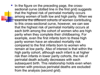    In the figure on the preceding page, the cross-
    sectional curve (dotted line in the first grid) suggests
    that the highest risk of perinatal mortality occurs
    among women of both low and high parity. When we
    examine the different cohorts of women contributing
    to this cross-sectional curve, however, we can see
    that the highest risk of perinatal mortality occurs at
    each birth among the cohort of women who are high
    parity when they complete their childbearing. For
    example, even the first infants born to these high
    parity women have an elevated mortality risk
    compared to the first infants born to women who
    remain at low parity. Also of interest is that within the
    high parity cohort, although each infant is at higher
    risk than infants in lower parity cohorts, the risk of
    perinatal death actually decreases with each
    subsequent birth. This relationship holds even when
    women with previous perinatal deaths are excluded
    from the analysis (second grid).
 
