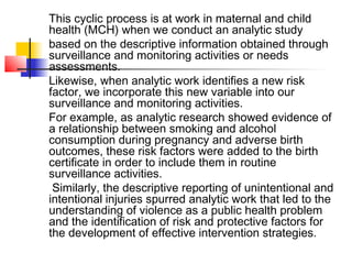 This cyclic process is at work in maternal and child
health (MCH) when we conduct an analytic study
based on the descriptive information obtained through
surveillance and monitoring activities or needs
assessments.
Likewise, when analytic work identifies a new risk
factor, we incorporate this new variable into our
surveillance and monitoring activities.
For example, as analytic research showed evidence of
a relationship between smoking and alcohol
consumption during pregnancy and adverse birth
outcomes, these risk factors were added to the birth
certificate in order to include them in routine
surveillance activities.
 Similarly, the descriptive reporting of unintentional and
intentional injuries spurred analytic work that led to the
understanding of violence as a public health problem
and the identification of risk and protective factors for
the development of effective intervention strategies.
 