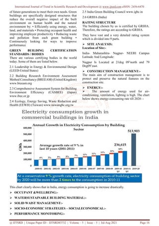 International Journal of Trend in Scientific Research and Development @ www.ijtsrd.com eISSN: 2456-6470
@ IJTSRD | Unique Paper ID – IJTSRD43732 | Volume – 5 | Issue – 5 | Jul-Aug 2021 Page 16
of future generations to meet their own needs. Green
buildings are specifically designed structures that
reduce the overall negative impact of the built
environment on human health and the natural
environment by: • Efficiently using energy, water,
land, and materials • Protecting occupant health and
improving employee productivity • Reducing waste
and pollution from each green building •
Continuously looking for ways to improve
performance
GREEN BUILDING CERTIFICATION
STANDARDS / BODIES
There are various certifying bodies in the world
today. Some of them are listed below.
2.1 Leadership in Energy & Environmental Design
(LEED-United States)
2.2 Building Research Environment Assessment
Method Consultancy (BREEAM) (United Kingdom)
www.breeam.org
2.3 Comprehensive Assessment System for Building
Environment Efficiency (CASBEE) (Japan)
www.ibec.or.jp
2.4 Ecology, Energy Saving, Waste Reduction and
Health (EEWH) (Taiwan) www.taiwangbc.org.tw
2.5 India Green Building Council www.igbc.in
2.6 GRIHA (India)
RATING STRUCTURE
The building chosen by us is certified by GRIHA.
Therefore, the ratings are according to GRIHA.
They have vast and a very detailed rating system
which is divided into 9 parts.
 SITE ANALYSIS:
Location of Site:-
India- Maharashtra- Nagpur- NEERI Campus
Latitude And Longitude:
Nagpur Is Located at 21deg 09’north and 79
Deg09’east.
 CONSTRUCTION MANAGEMENT:-
The main aim of construction management is to
protect and preserve the natural features on the
construction site.
 ENERGY:-
 The amount of energy used for air-
conditioning, ventilation, lighting is high. The chart
below shows energy-consuming rate till 2020: -
This chart clearly shows that in India, energy consumption is going to increase drastically.
 OCCUPANT &WELLBEING:-
 WATERSUSTAINABLE BUILDING MATERIAL:-
 SOLID WAIST MANAGEMENT:-
 SOCIO-ECONOMIC STRATEGIES – SOCIALECONOMICAL:-
 PERFORMANCE MONITORING:-
 