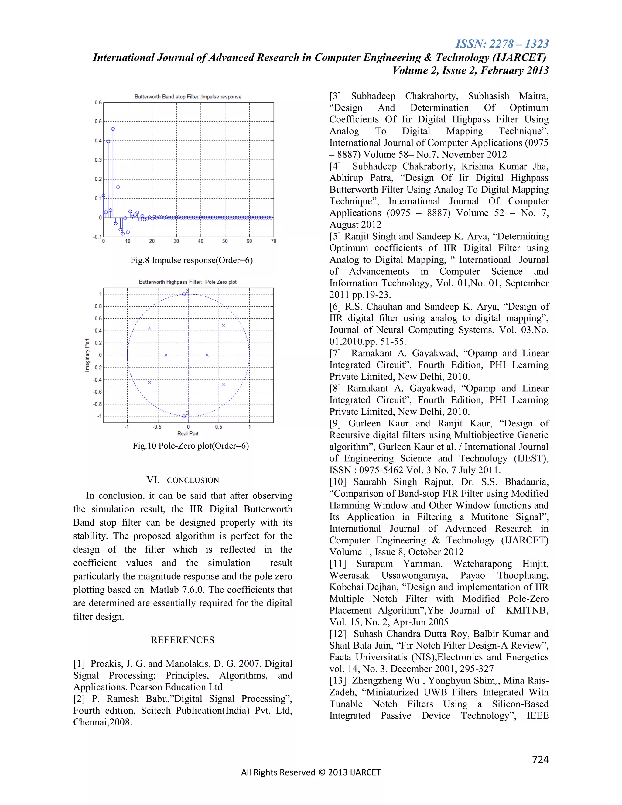 ISSN: 2278 – 1323
International Journal of Advanced Research in Computer Engineering & Technology (IJARCET)
Volume 2, Issue 2, February 2013

Fig.8 Impulse response(Order=6)

Fig.10 Pole-Zero plot(Order=6)

VI. CONCLUSION
In conclusion, it can be said that after observing
the simulation result, the IIR Digital Butterworth
Band stop filter can be designed properly with its
stability. The proposed algorithm is perfect for the
design of the filter which is reflected in the
coefficient values and the simulation
result
particularly the magnitude response and the pole zero
plotting based on Matlab 7.6.0. The coefficients that
are determined are essentially required for the digital
filter design.
REFERENCES
[1] Proakis, J. G. and Manolakis, D. G. 2007. Digital
Signal Processing: Principles, Algorithms, and
Applications. Pearson Education Ltd
[2] P. Ramesh Babu,”Digital Signal Processing”,
Fourth edition, Scitech Publication(India) Pvt. Ltd,
Chennai,2008.

[3] Subhadeep Chakraborty, Subhasish Maitra,
“Design And Determination Of Optimum
Coefficients Of Iir Digital Highpass Filter Using
Analog
To
Digital
Mapping
Technique”,
International Journal of Computer Applications (0975
– 8887) Volume 58– No.7, November 2012
[4] Subhadeep Chakraborty, Krishna Kumar Jha,
Abhirup Patra, “Design Of Iir Digital Highpass
Butterworth Filter Using Analog To Digital Mapping
Technique”, International Journal Of Computer
Applications (0975 – 8887) Volume 52 – No. 7,
August 2012
[5] Ranjit Singh and Sandeep K. Arya, “Determining
Optimum coefficients of IIR Digital Filter using
Analog to Digital Mapping, “ International Journal
of Advancements in Computer Science and
Information Technology, Vol. 01,No. 01, September
2011 pp.19-23.
[6] R.S. Chauhan and Sandeep K. Arya, “Design of
IIR digital filter using analog to digital mapping”,
Journal of Neural Computing Systems, Vol. 03,No.
01,2010,pp. 51-55.
[7] Ramakant A. Gayakwad, “Opamp and Linear
Integrated Circuit”, Fourth Edition, PHI Learning
Private Limited, New Delhi, 2010.
[8] Ramakant A. Gayakwad, “Opamp and Linear
Integrated Circuit”, Fourth Edition, PHI Learning
Private Limited, New Delhi, 2010.
[9] Gurleen Kaur and Ranjit Kaur, “Design of
Recursive digital filters using Multiobjective Genetic
algorithm”, Gurleen Kaur et al. / International Journal
of Engineering Science and Technology (IJEST),
ISSN : 0975-5462 Vol. 3 No. 7 July 2011.
[10] Saurabh Singh Rajput, Dr. S.S. Bhadauria,
“Comparison of Band-stop FIR Filter using Modified
Hamming Window and Other Window functions and
Its Application in Filtering a Mutitone Signal”,
International Journal of Advanced Research in
Computer Engineering & Technology (IJARCET)
Volume 1, Issue 8, October 2012
[11] Surapum Yamman, Watcharapong Hinjit,
Weerasak Ussawongaraya, Payao Thoopluang,
Kobchai Dejhan, “Design and implementation of IIR
Multiple Notch Filter with Modified Pole-Zero
Placement Algorithm”,Yhe Journal of KMITNB,
Vol. 15, No. 2, Apr-Jun 2005
[12] Suhash Chandra Dutta Roy, Balbir Kumar and
Shail Bala Jain, “Fir Notch Filter Design-A Review”,
Facta Universitatis (NIS),Electronics and Energetics
vol. 14, No. 3, December 2001, 295-327
[13] Zhengzheng Wu , Yonghyun Shim,, Mina RaisZadeh, “Miniaturized UWB Filters Integrated With
Tunable Notch Filters Using a Silicon-Based
Integrated Passive Device Technology”, IEEE

724
All Rights Reserved © 2013 IJARCET

 
