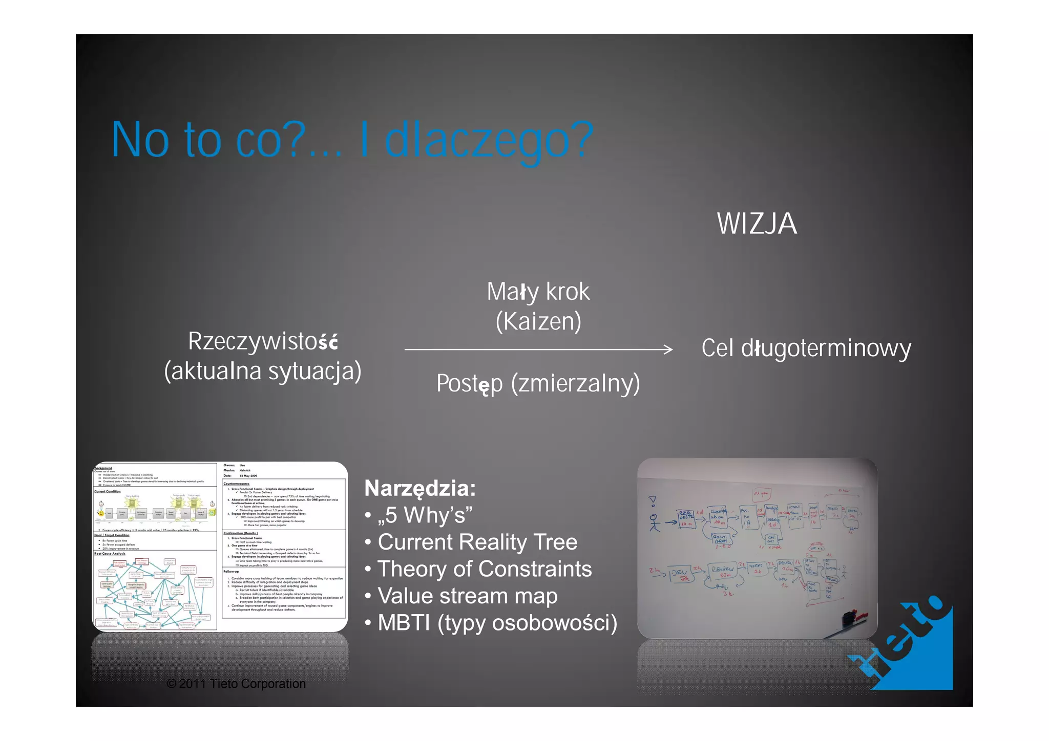 No to co?... I dlaczego?
                                                          WIZJA

                                        Ma y krok
                                        (Kaizen)
    Rzeczywisto                                          Cel d ugoterminowy
  (aktualna sytuacja)
            sytuacja)              Post p (zmierzalny)



                             Narz dzia:
                                   dzia:
                             • „5 Why’s”
                             • Current Reality Tree
                             • Theory of Constraints
                             • Value stream map
                             • MBTI (typy osobowo ci)

  © 2011 Tieto Corporation
 