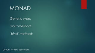 Generic type:
"unit" method:
"bind" method:
MONAD
GitHub, Twitter :: @pivovarit
 