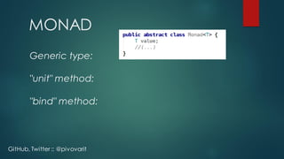 Generic type:
"unit" method:
"bind" method:
MONAD
GitHub, Twitter :: @pivovarit
 