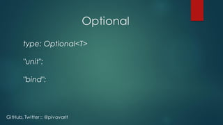 Optional
type: Optional<T>
"unit":
"bind":
GitHub, Twitter :: @pivovarit
 