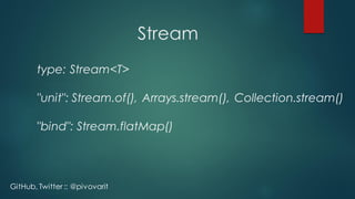 Stream
type: Stream<T>
"unit": Stream.of(), Arrays.stream(), Collection.stream()
"bind": Stream.flatMap()
GitHub, Twitter :: @pivovarit
 