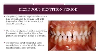 DECIDUOUS DENTITION PERIOD
 The primary dentition stage extends from the
time of eruption of the primary teeth until
the eruption of the first permanent tooth
around 6 years of age.
 The initiation of primary teeth occurs during
first 6 weeks of intrauterine life and first
primary tooth erupts at the age of 6 months.
 The individual variations apart, it takes
around 2½ - 3½ years for all the primary
teeth to establish their occlusion.
 