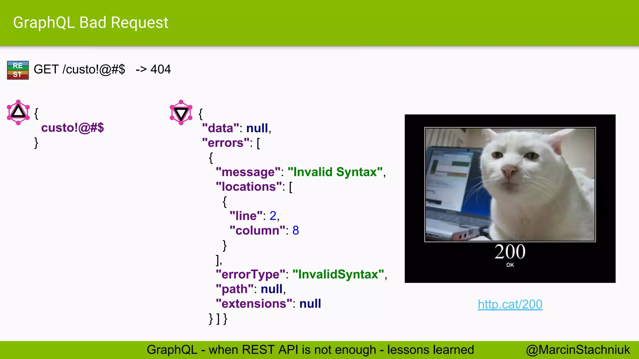 GraphQL Bad Request GET /custo!@#$ -> 404 { "data": null, "errors": [ { "message": "Invalid Syntax", "locations": [ { "line": 2, "column": 8 } ], "errorType": "InvalidSyntax", "path": null, "extensions": null } ] } { custo!@#$ } RE ST http.cat/200 @MarcinStachniukGraphQL - when REST API is not enough - lessons learned 