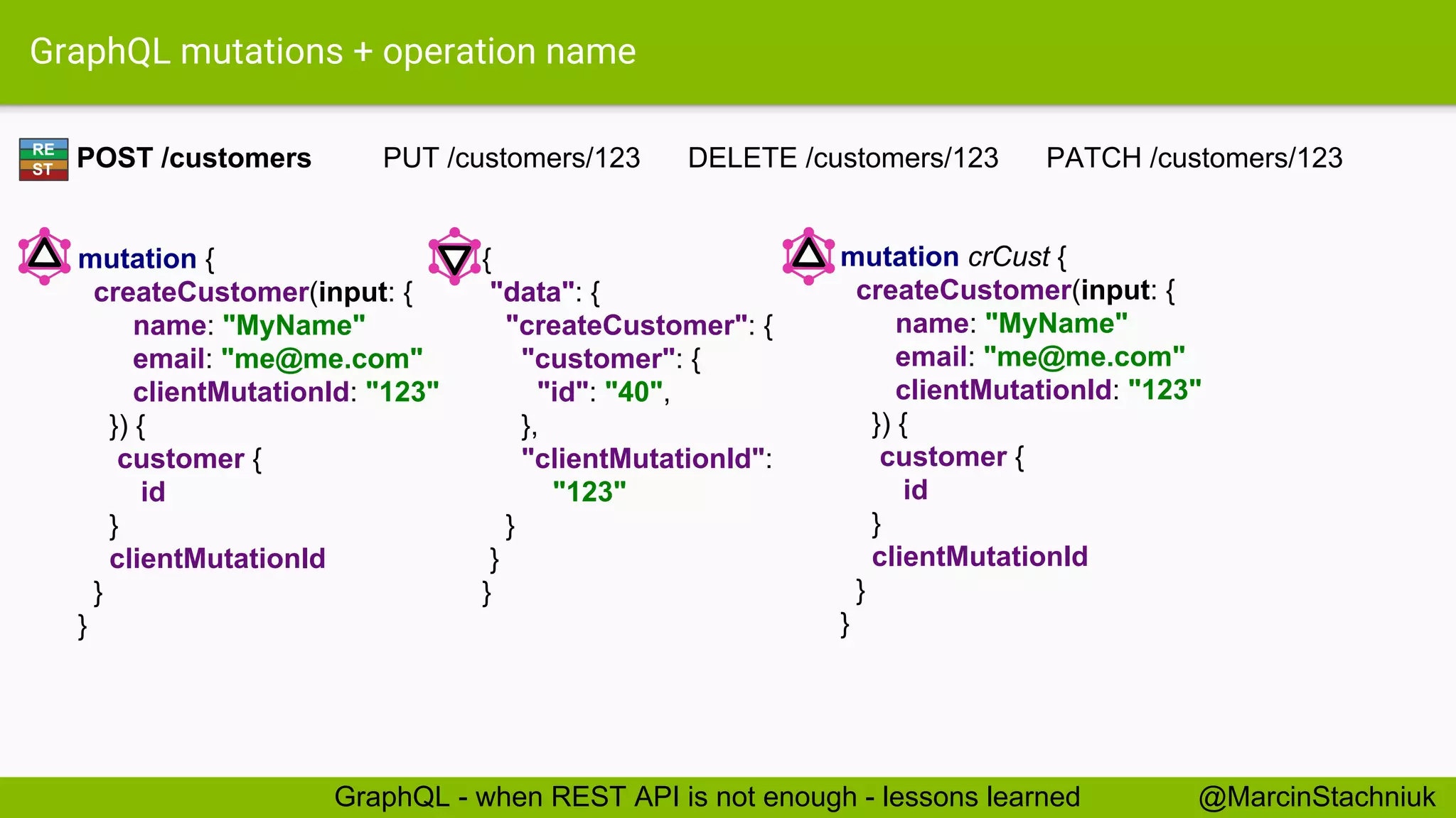 GraphQL mutations + operation name mutation crCust { createCustomer(input: { name: "MyName" email: "me@me.com" clientMutationId: "123" }) { customer { id } clientMutationId } } { "data": { "createCustomer": { "customer": { "id": "40", }, "clientMutationId": "123" } } } POST /customers PUT /customers/123 DELETE /customers/123 PATCH /customers/123RE ST @MarcinStachniukGraphQL - when REST API is not enough - lessons learned mutation { createCustomer(input: { name: "MyName" email: "me@me.com" clientMutationId: "123" }) { customer { id } clientMutationId } } 