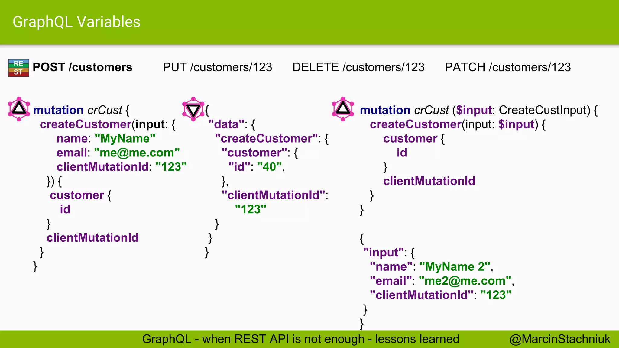 GraphQL Variables { "data": { "createCustomer": { "customer": { "id": "40", }, "clientMutationId": "123" } } } POST /customers PUT /customers/123 DELETE /customers/123 PATCH /customers/123 mutation crCust { createCustomer(input: { name: "MyName" email: "me@me.com" clientMutationId: "123" }) { customer { id } clientMutationId } } RE ST @MarcinStachniukGraphQL - when REST API is not enough - lessons learned mutation crCust ($input: CreateCustInput) { createCustomer(input: $input) { customer { id } clientMutationId } } { "input": { "name": "MyName 2", "email": "me2@me.com", "clientMutationId": "123" } } 